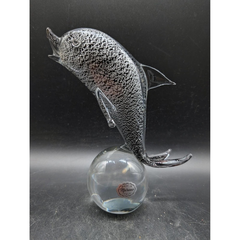 Murano Glass Dolphin Figurine Black Silver Flake Art Glass Italy Label MCM 9"